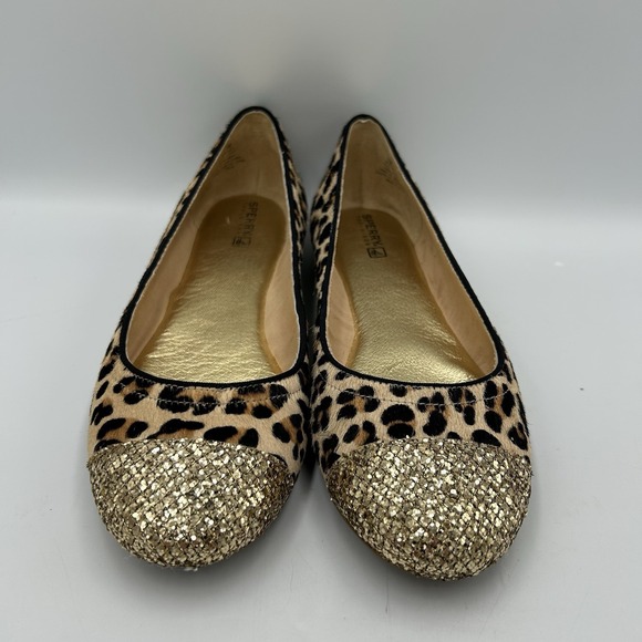 Sperry‎ Top Sider Ballet Flats 7M Leopard Print Leather Glitter Cap Toe - Picture 3 of 8